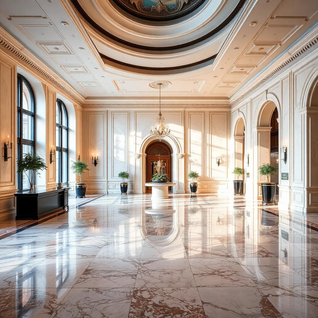 Polished marble floor in a grand commercial lobby reflecting warm light