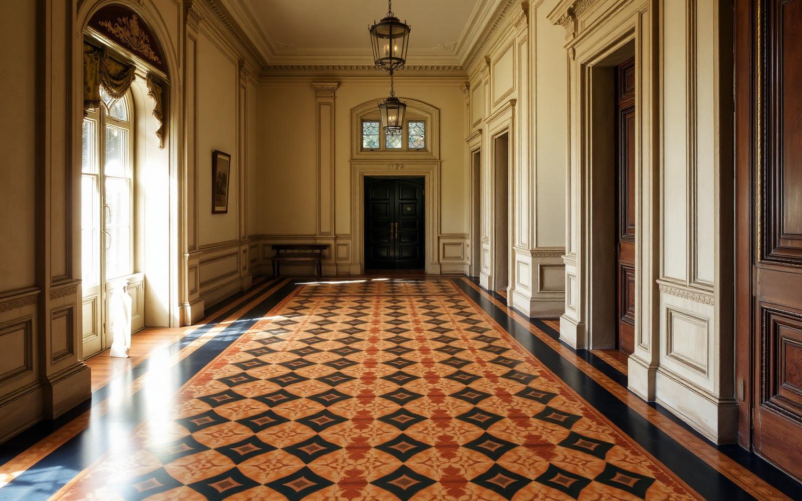 Restored Victorian encaustic tile hallway with geometric pattern