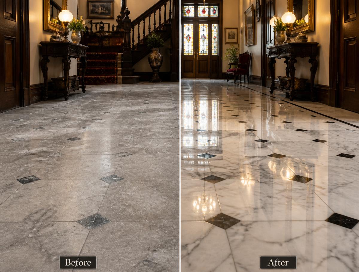 Craftsman carefully repairing a section of a Victorian tiled floor