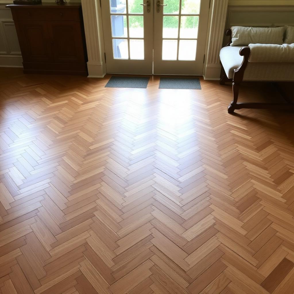 Deep-cleaned herringbone parquet floor with a soft, natural glow